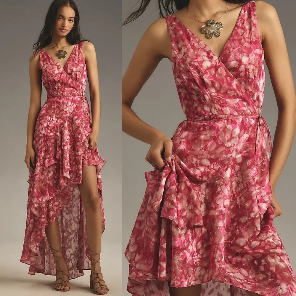 Anthropologie Pink Floral High-Low Wrap Dress